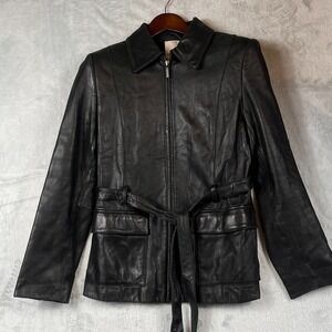 Anne Klein Womens S Leather Belted Jacket Butter Soft Black Pockets Moto FLAW